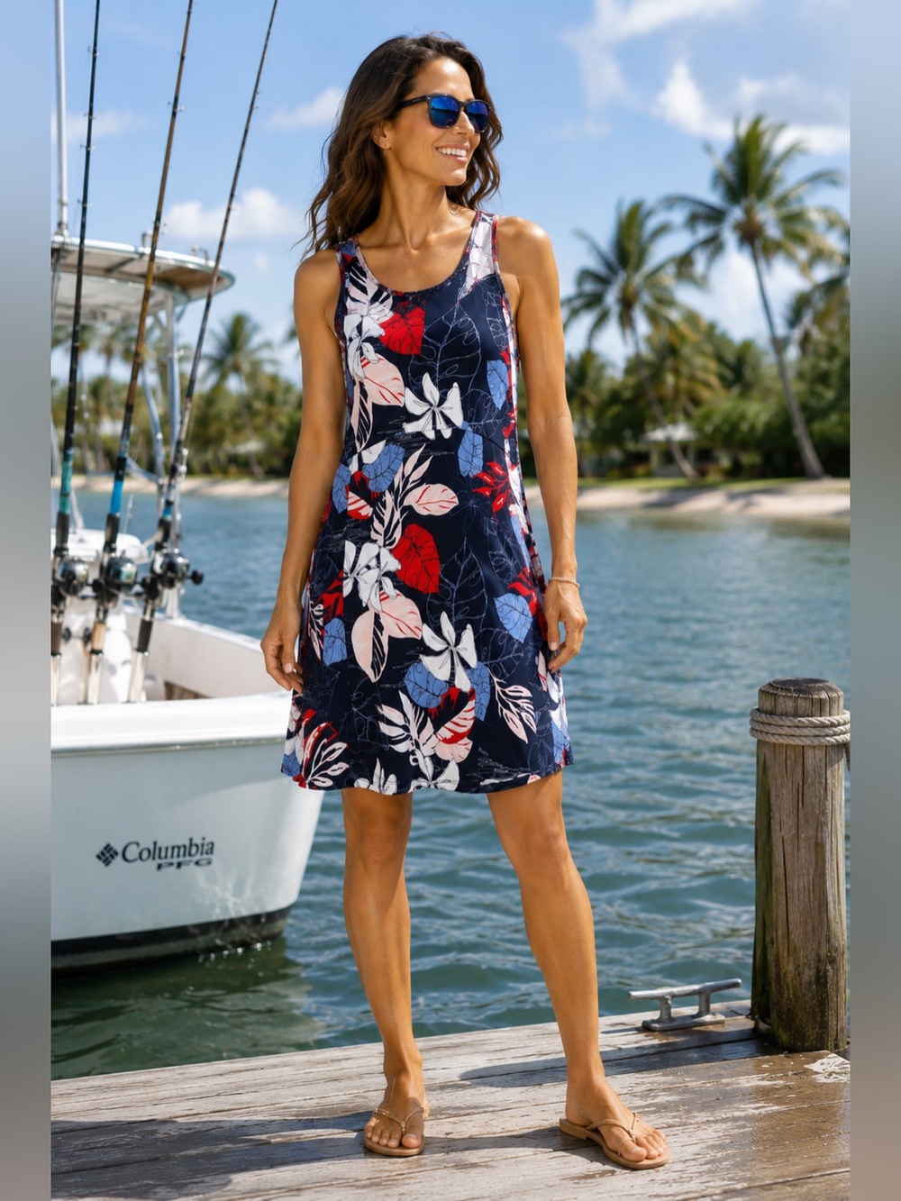 Columbia Navy Floral Athletic PFG Fishing Travel Athleisure Dress XL